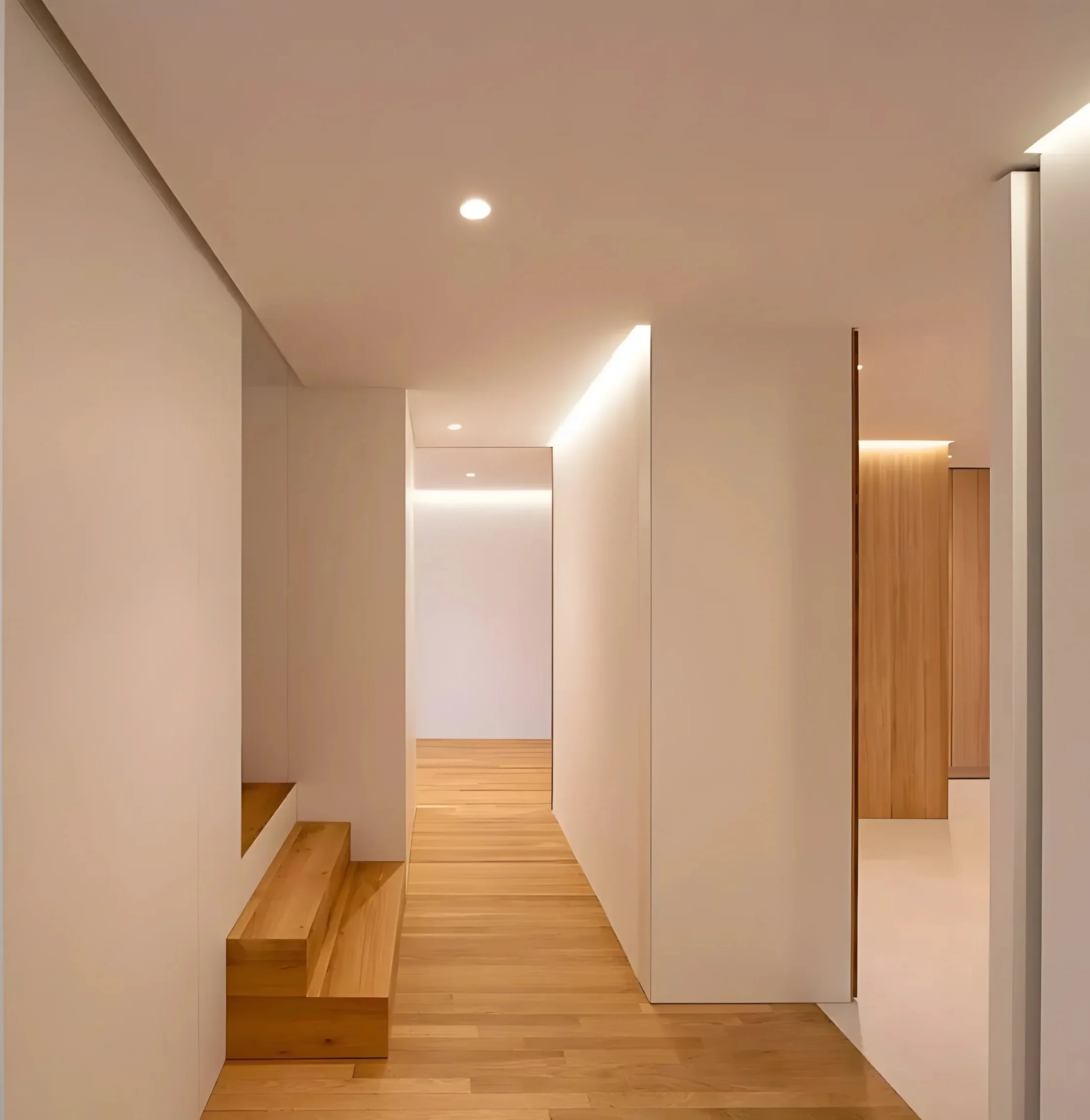 Interior doméstico muy depurado, pasillo/distribuidor con madera clara, iluminación integrada y carpinterías ocultas.